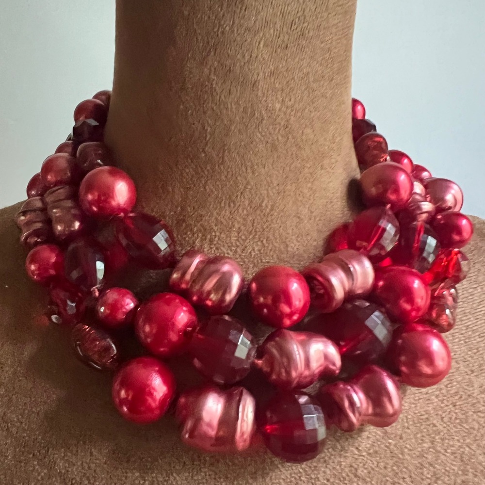 Red Multi Strand Chunky Faux Pearl Glass Bead Statement Necklace 14in Maximalist